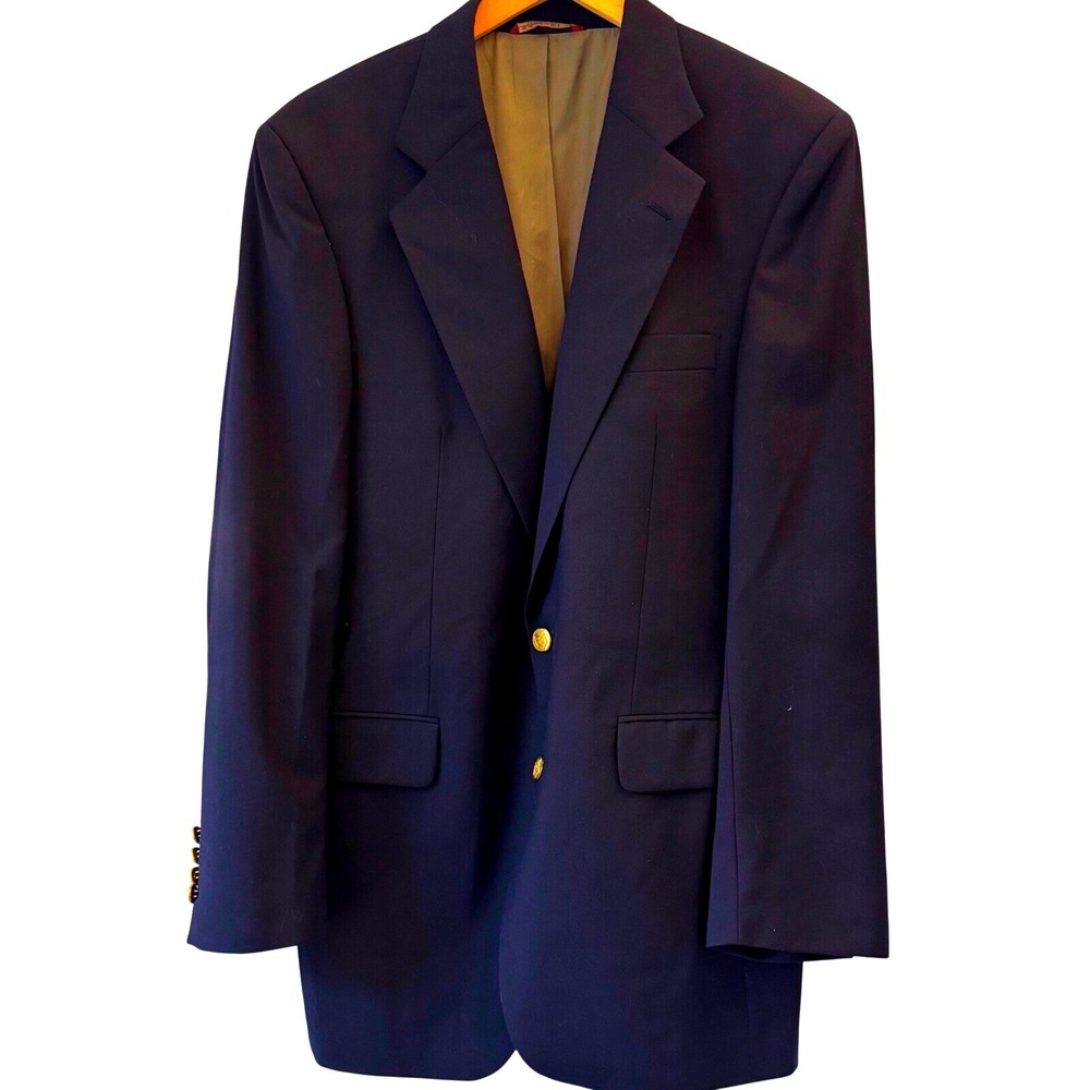 Cricketeer Mens Navy Blue Two Button Blazer Sport Coat Gold Crest Buttons USA‎